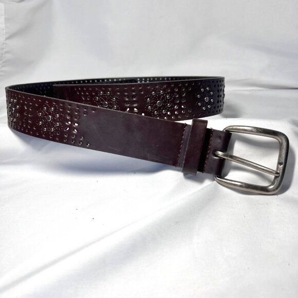 Brown Bonded Leather Women's Studded Embroidered Flowers-Silver Buckle-Size Lg - Picture 5 of 12